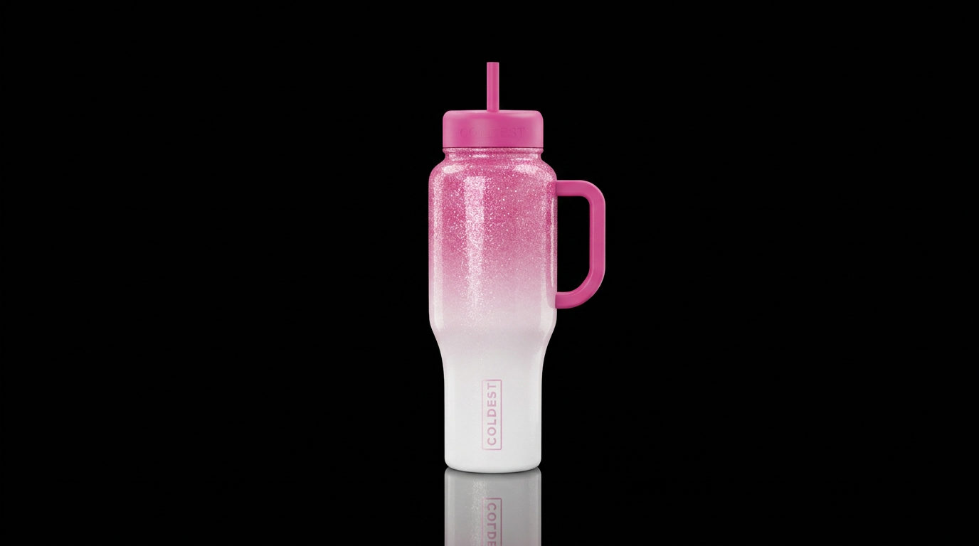 White with a vertical glittery pink ombre water bottle design
