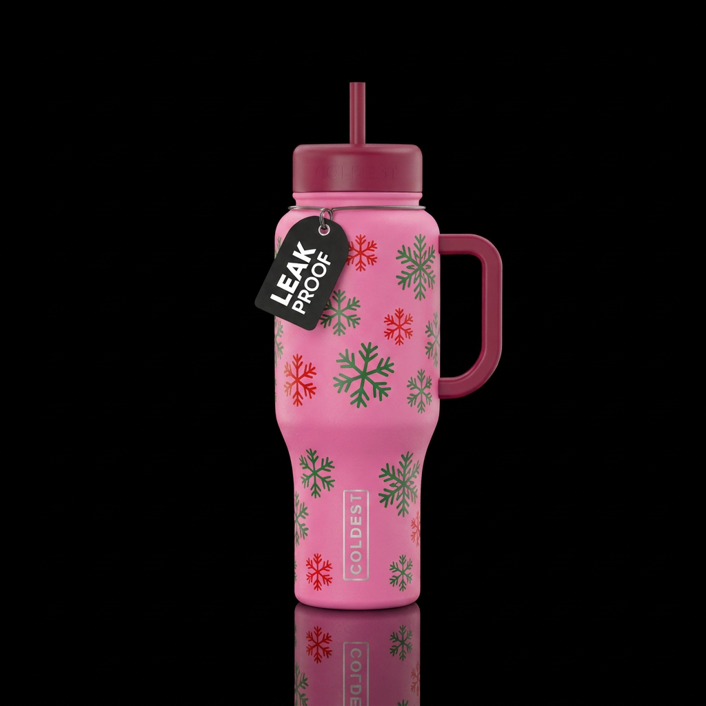 Pink with green and red snowflakes water bottle design