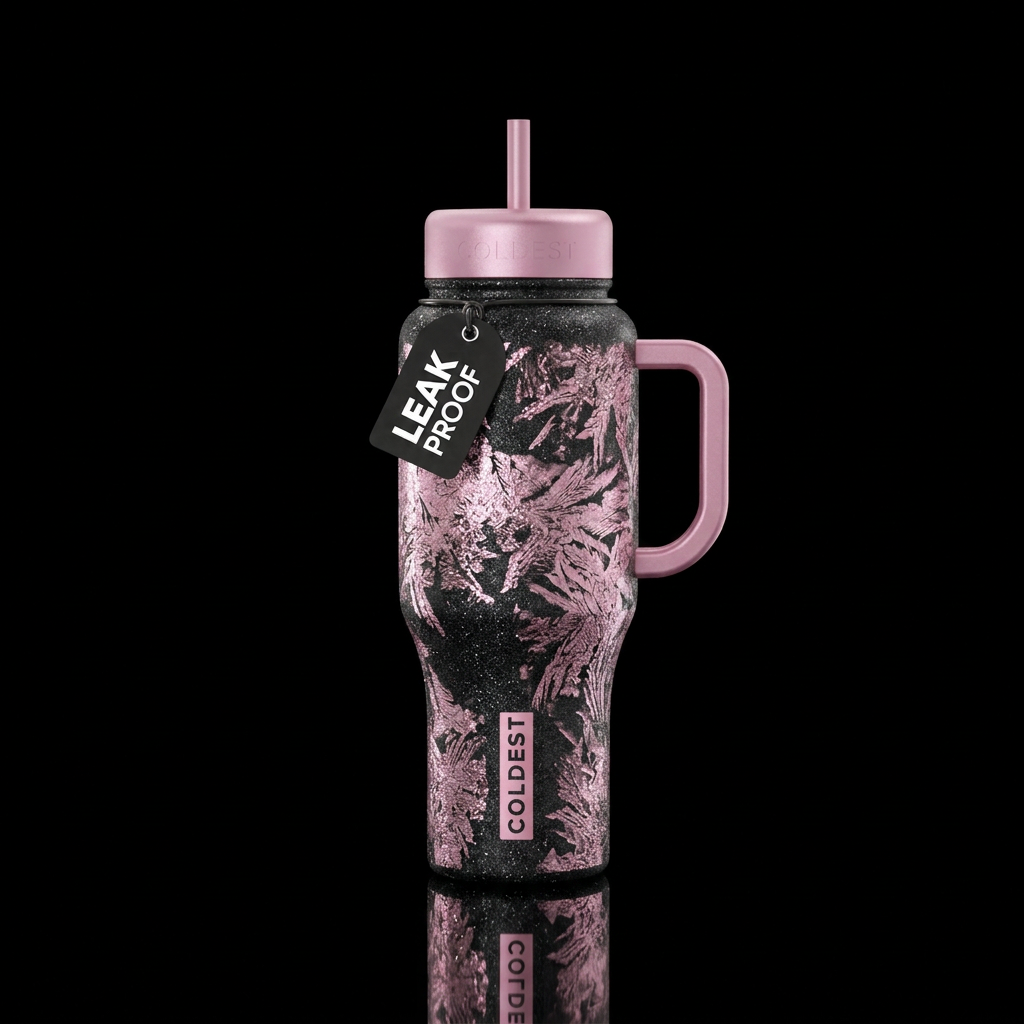 sparkly icey pink on sparkly black water bottle design