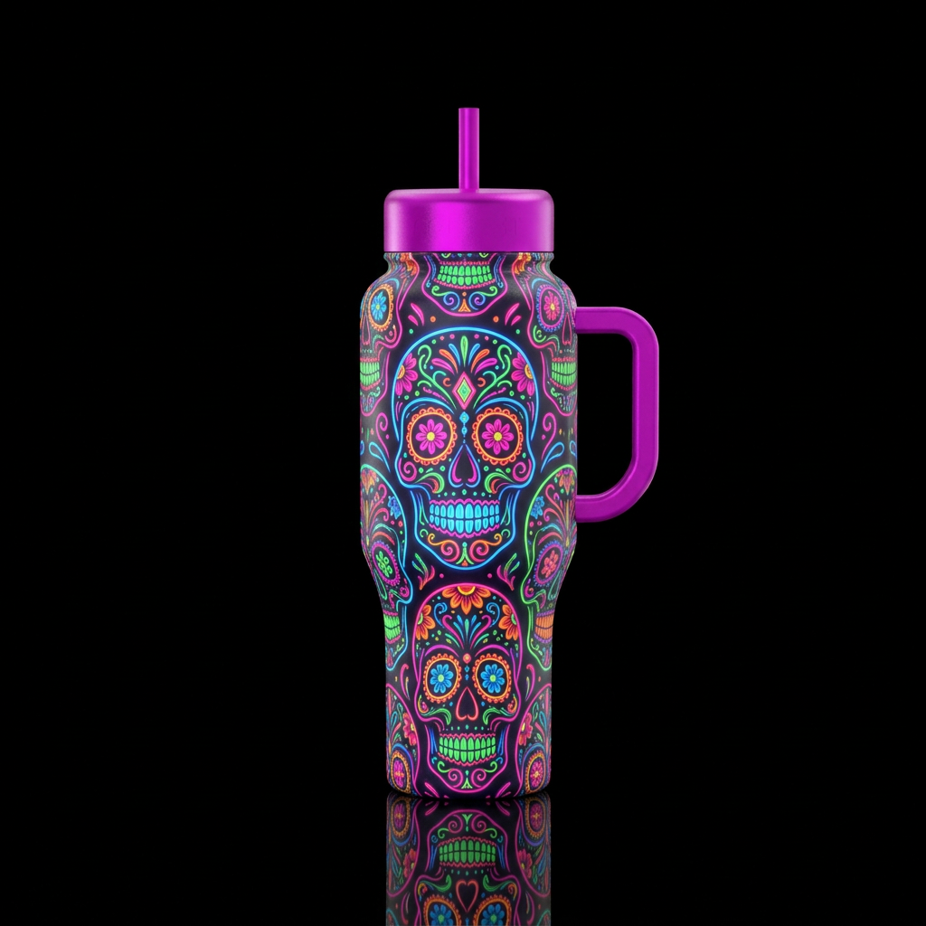Neon sugar skulls water bottle design
