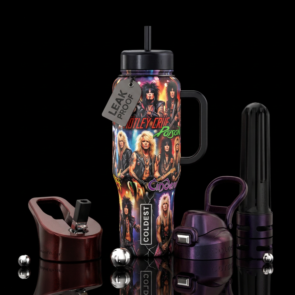 80s big hair rock bands water bottle design
