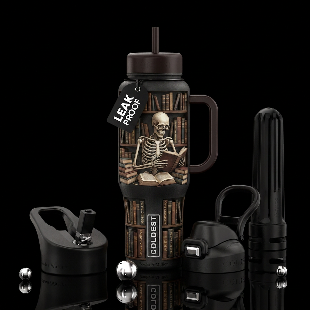 Skeleton reader, library Books-A-Million water bottle design
