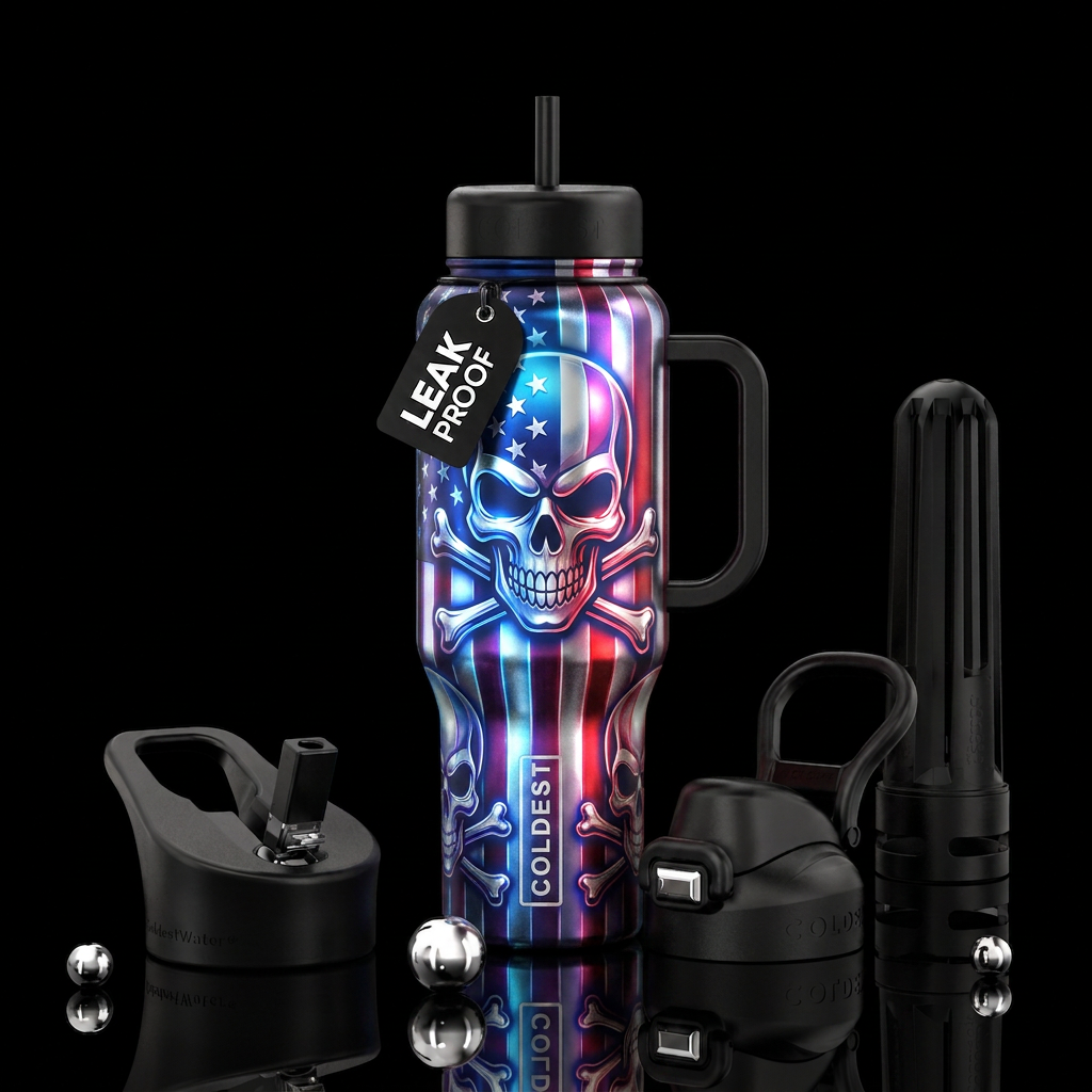 Metallic glowy flag skull crossbones water bottle design