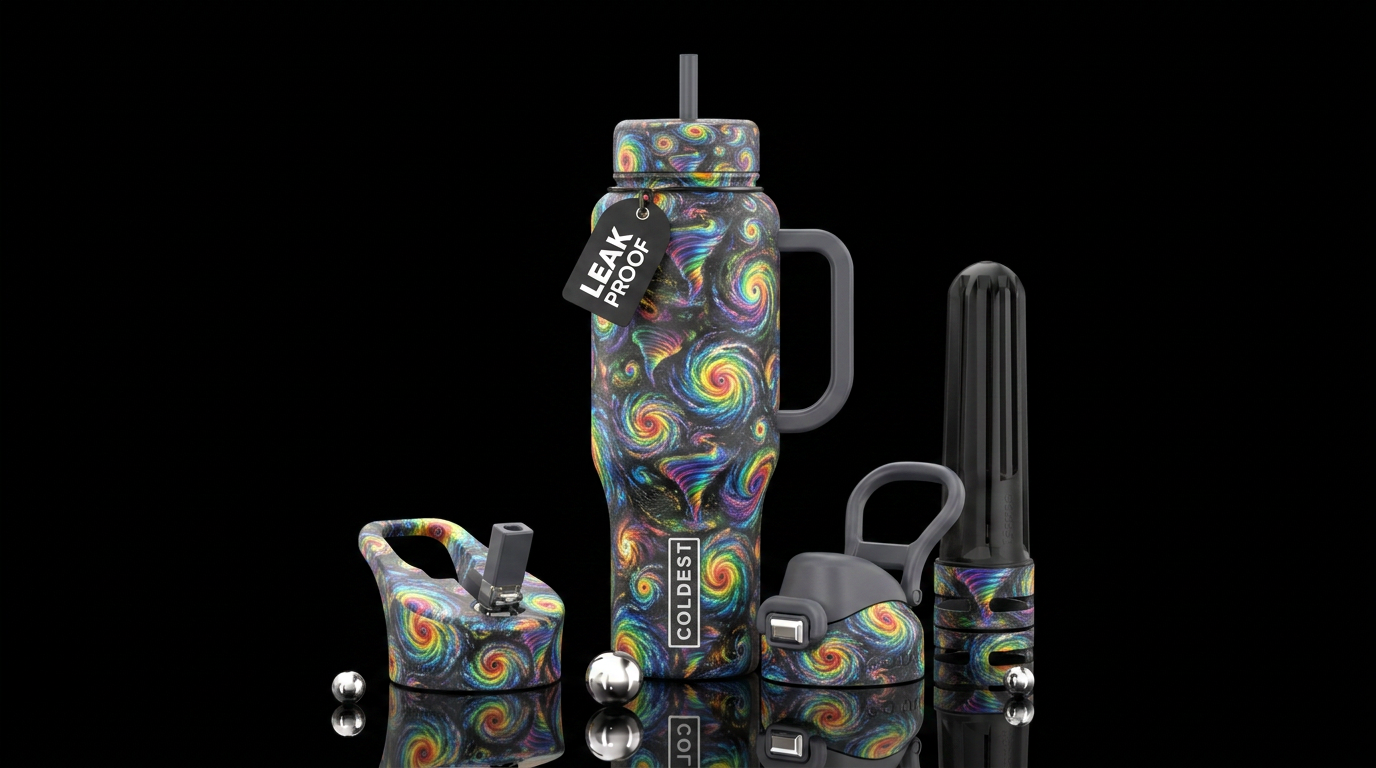 Lots of tiny rainbow storms water bottle design