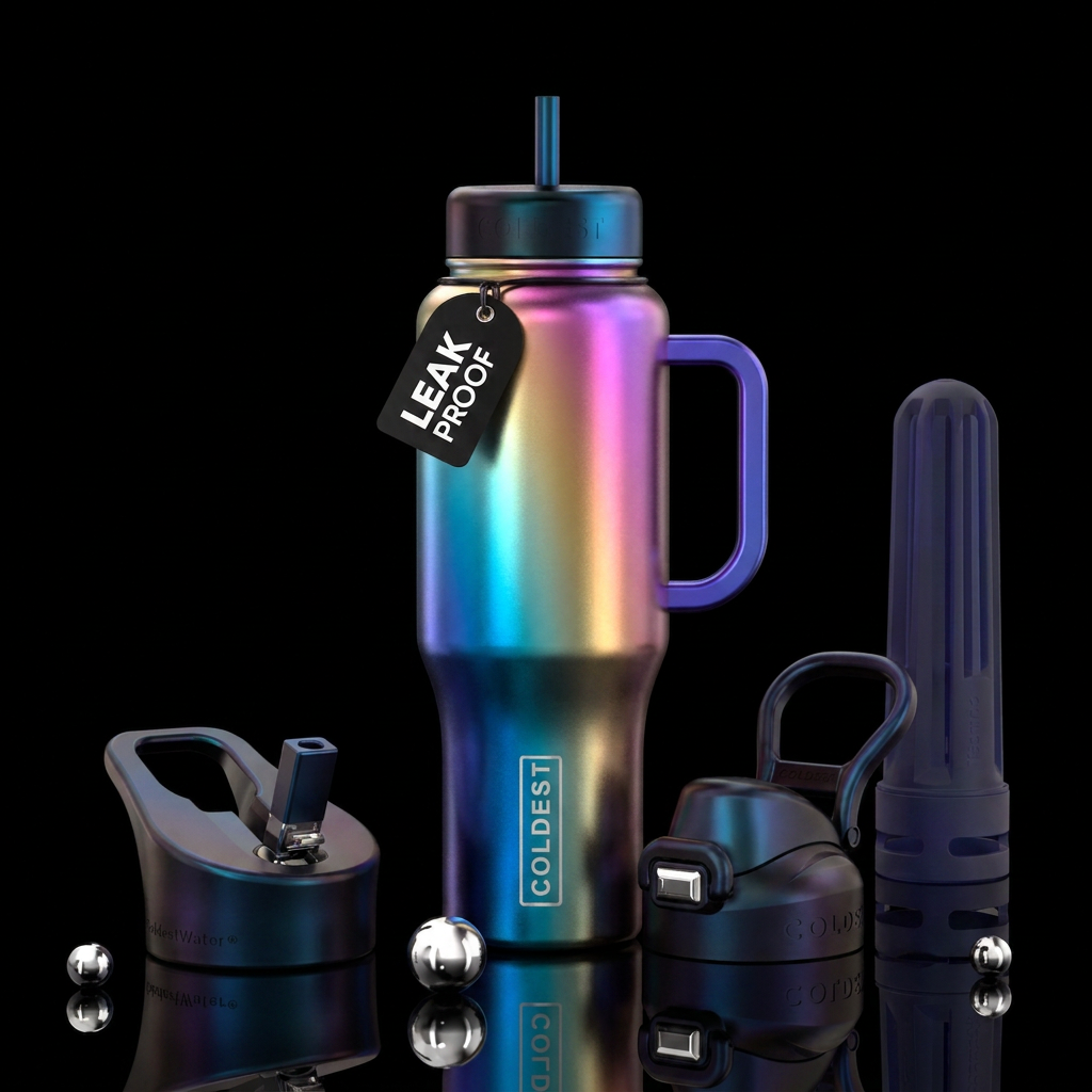 Metallic iridescent rainbow multimava water bottle design