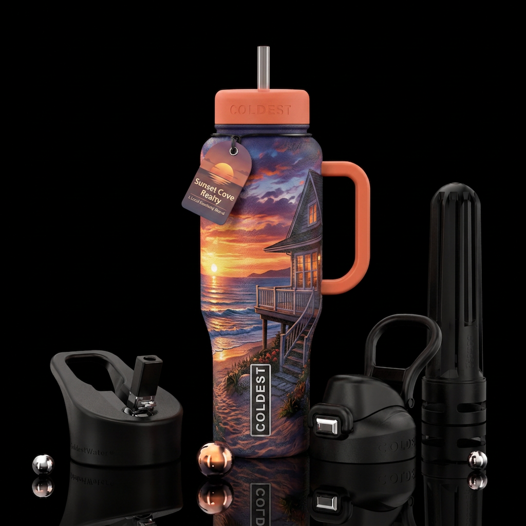 Beach house Ocean view sunset over the water water bottle design