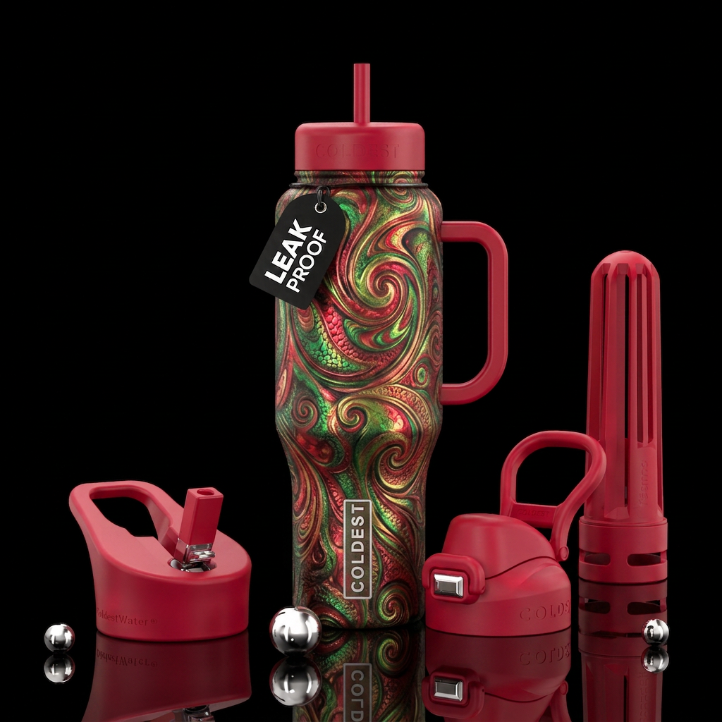 Karma chameleon red green and gold water bottle design