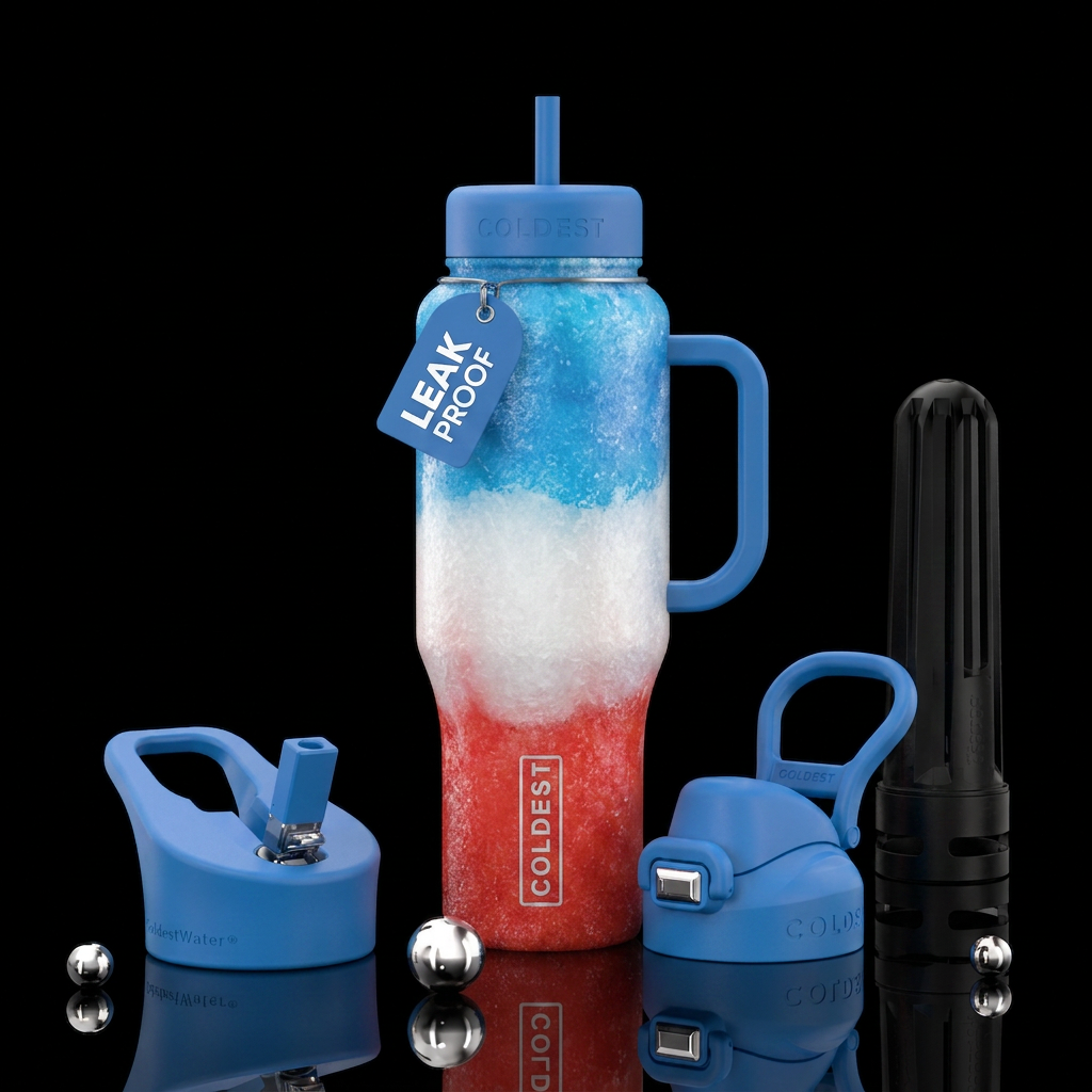 Blue white red freeze pop water bottle design