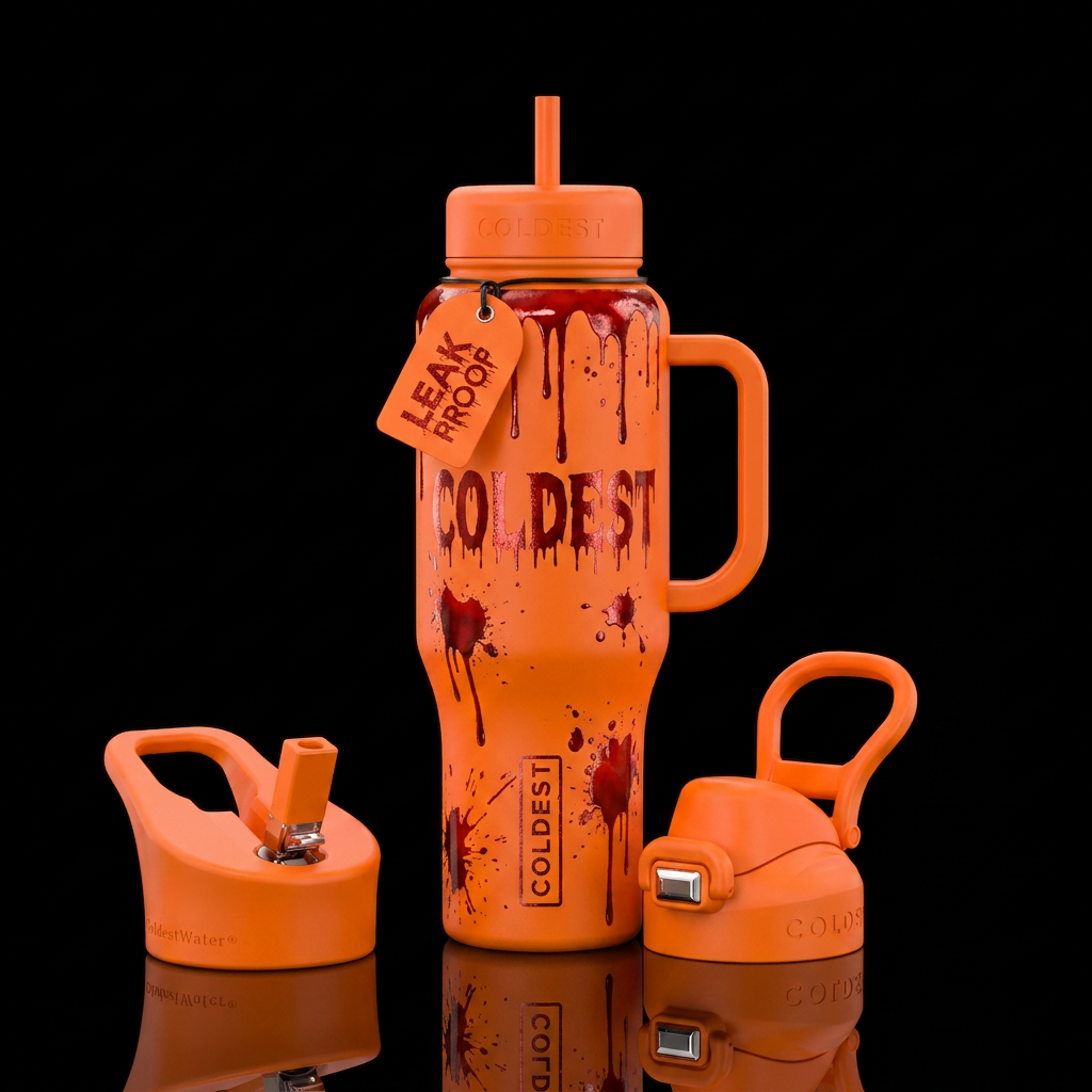 Orange bottle Halloween bloody gory horror water bottle design
