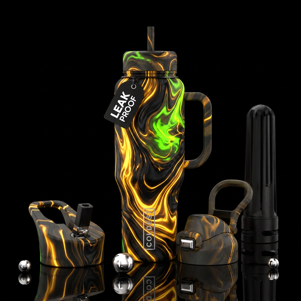 Neon green bottle Black Gold marble lava effect water bottle design