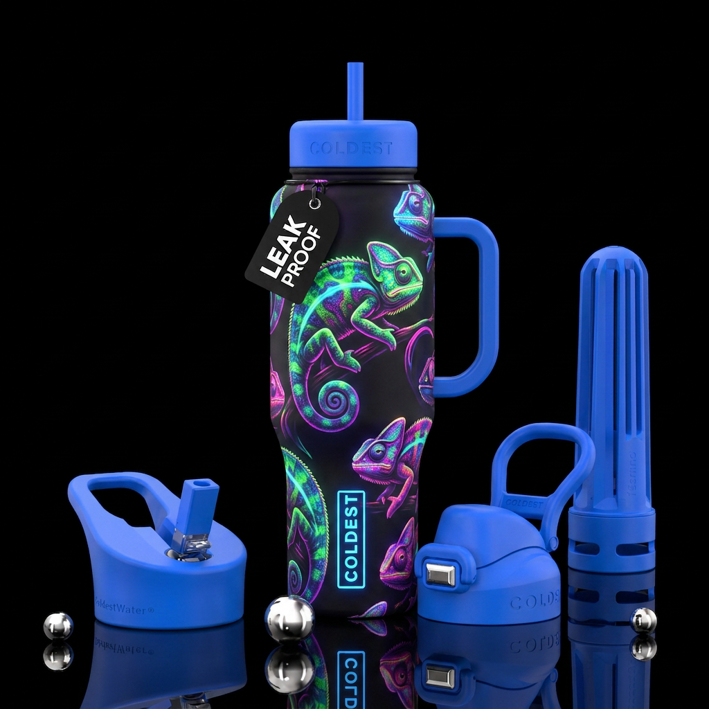 Glowie, neon colors chameleons water bottle design