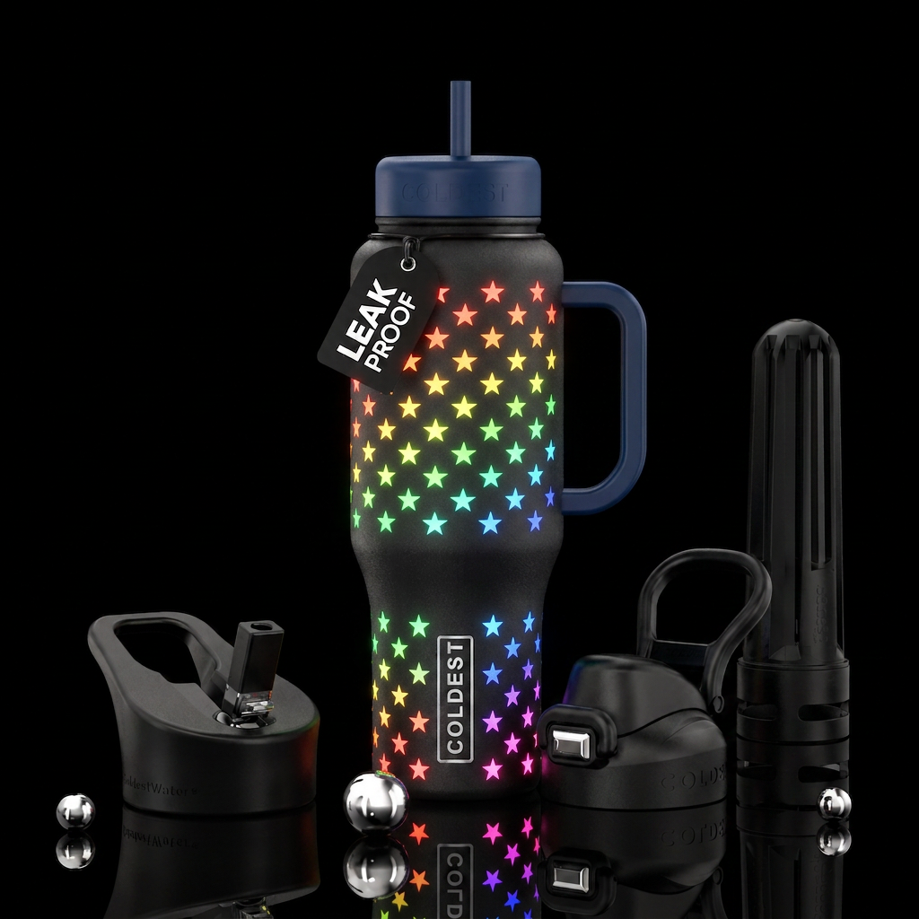 Rainbow-esque American flag patriotic glowing star... water bottle design