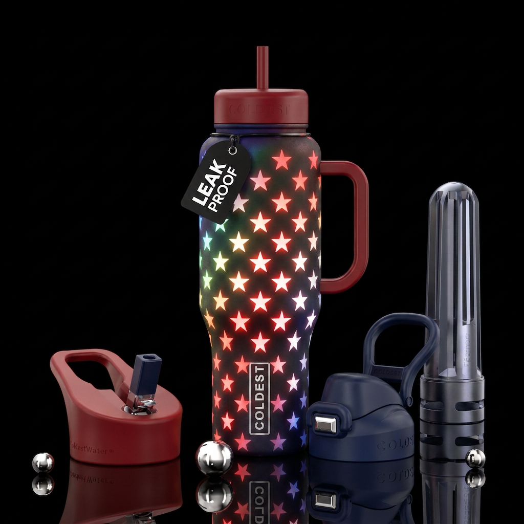 Rainbow-esque American flag patriotic glowing star... water bottle design