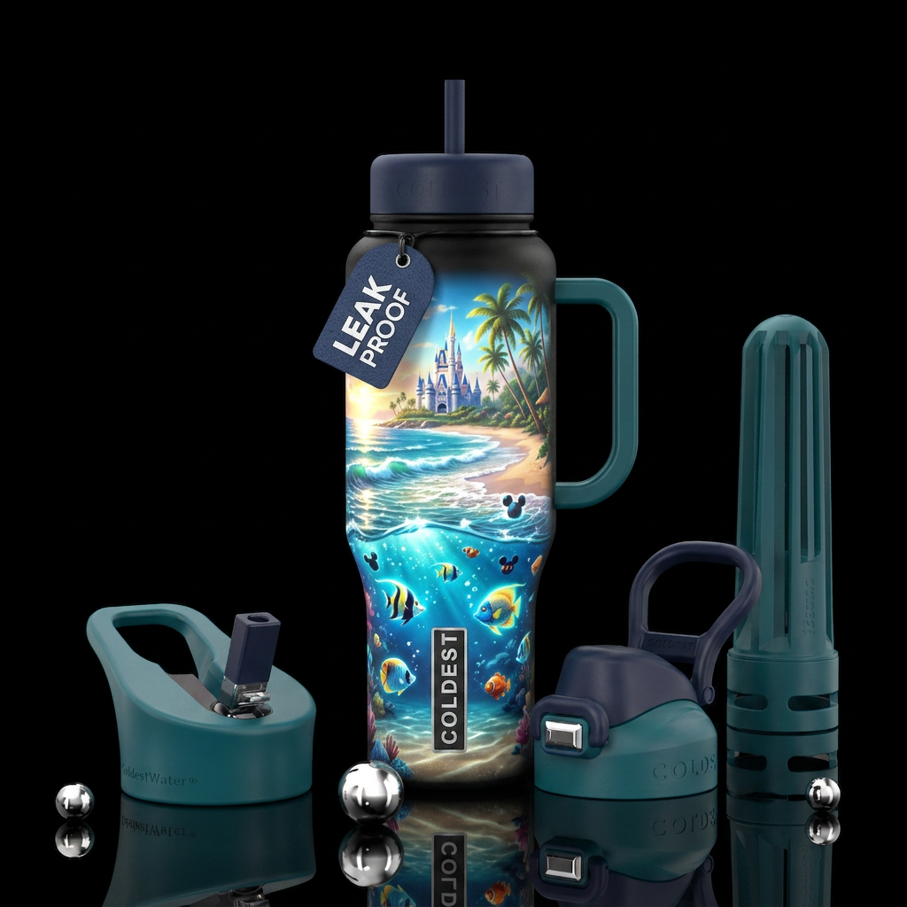 Disney vacation beach sand surf glowing fish water bottle design