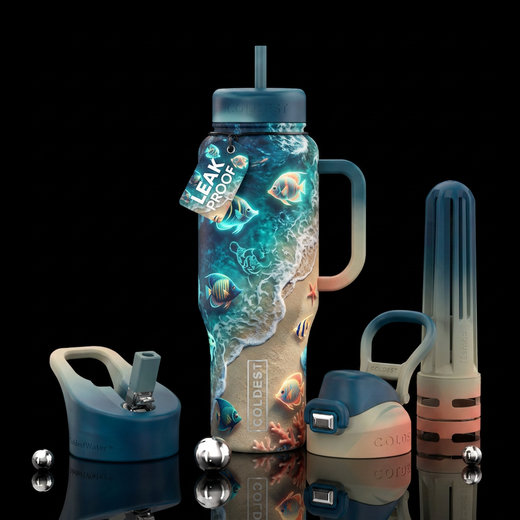 Disney vacation beach sand surf glowing fish water bottle design