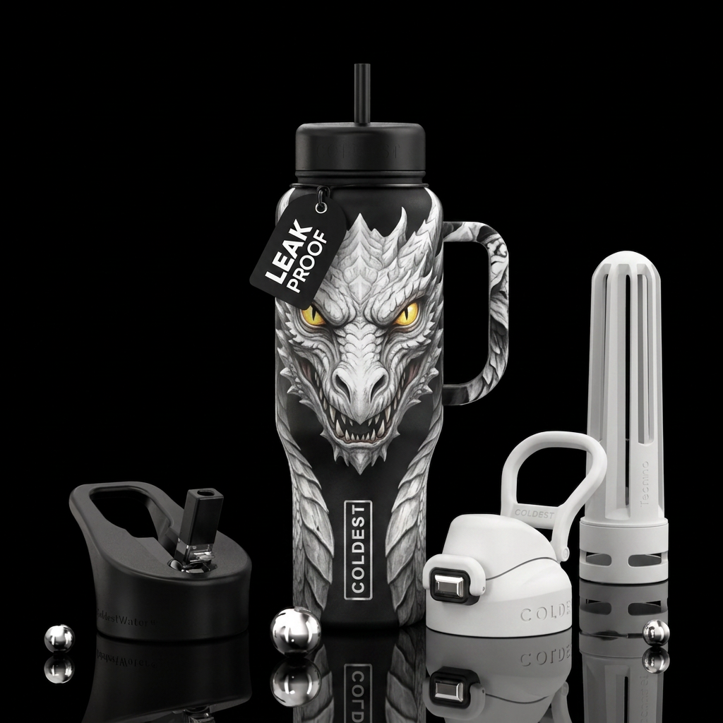 The best fantasy White dragon glowy yellow eyes water bottle design