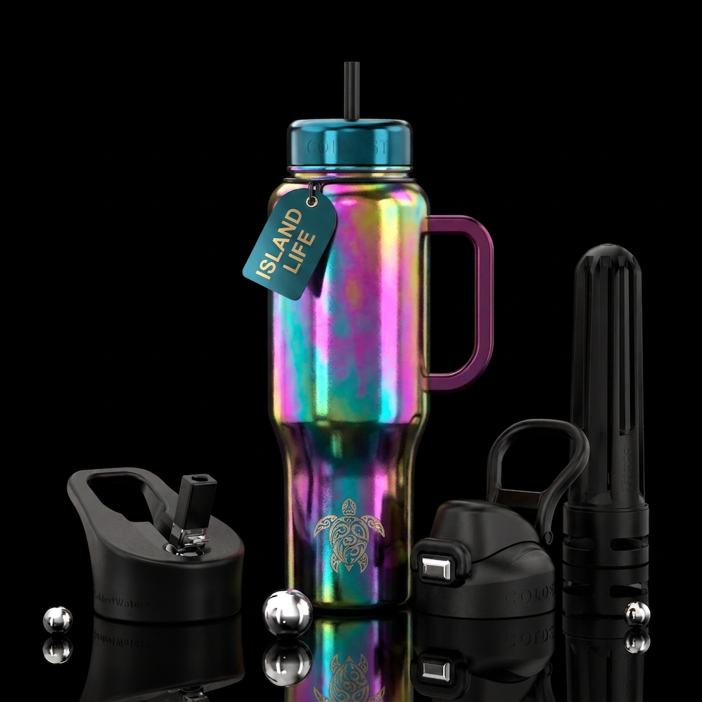 Metallic oil slick water bottle design