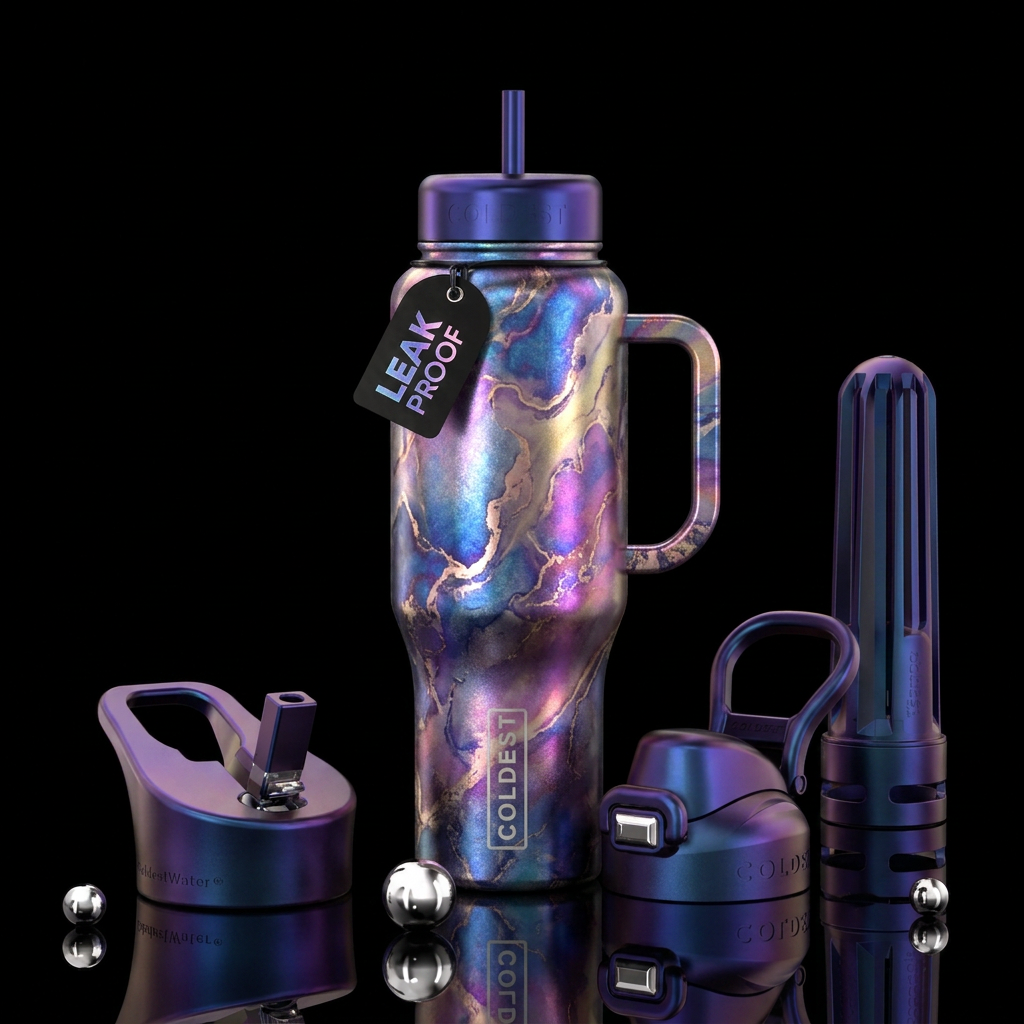Metallic iridescent marble water bottle design