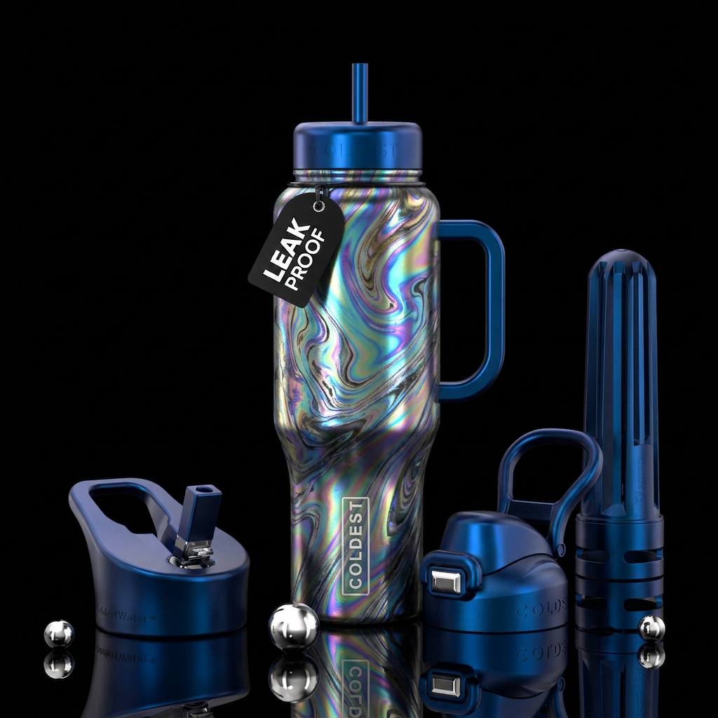 Metallic iridescent marble water bottle design