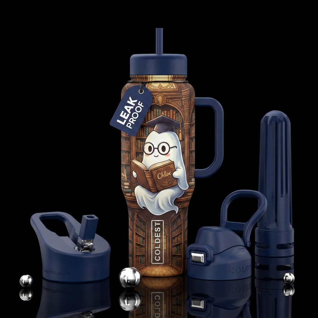 Cute ghost reading in library Chloe book pages water bottle design