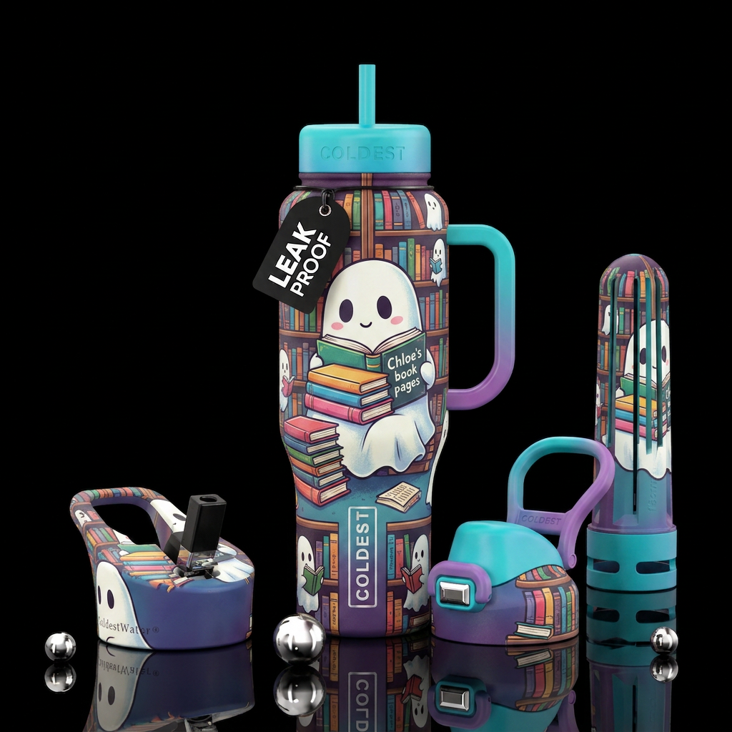 Cute ghost reading in library Chloe book pages water bottle design