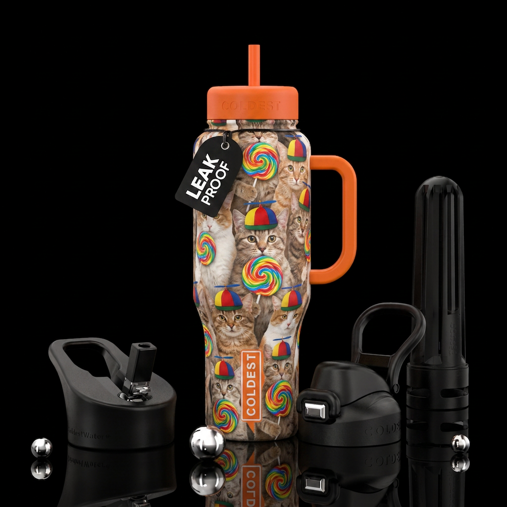 Lots of cats wearing propeller beanies with giant ... water bottle design
