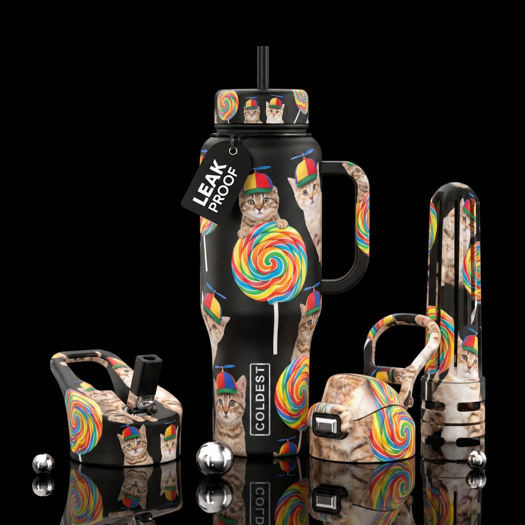 Lots of cats wearing propeller beanies with giant ... water bottle design