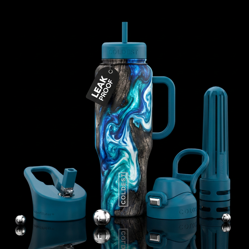 Charred wood resin blue and white swirls water bottle design