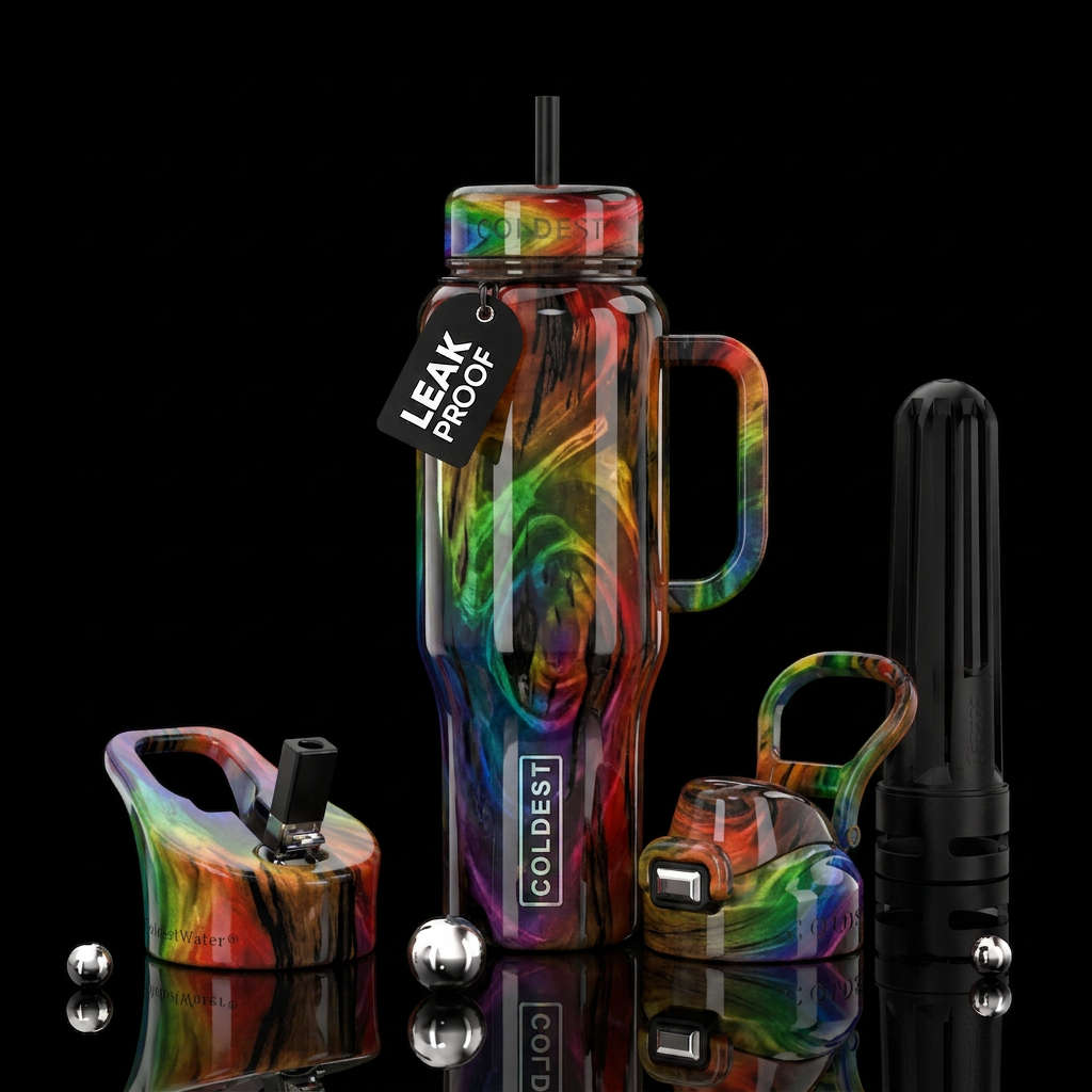 Charred wood resin rainbow swirls water bottle design