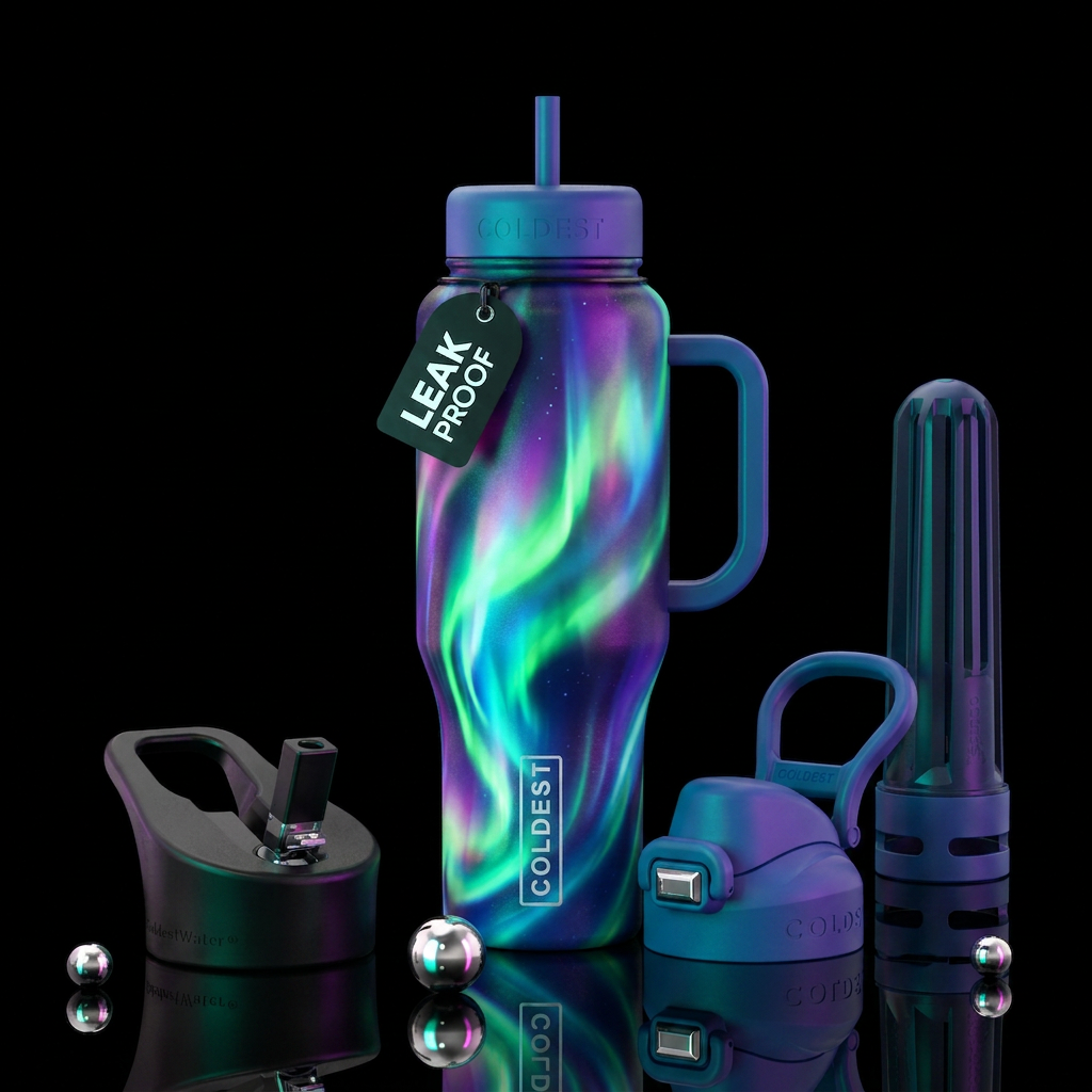 Glowie neon Northern lights water bottle design