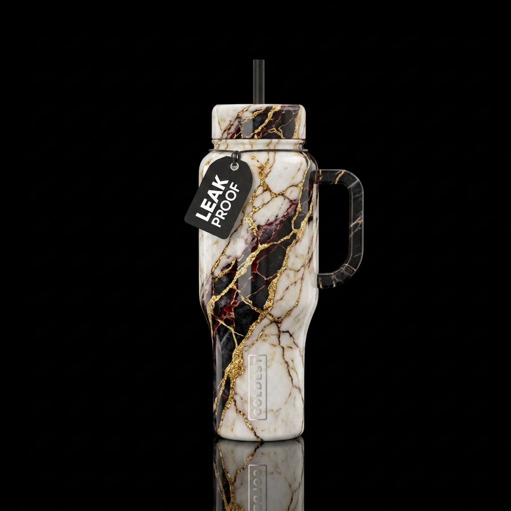 Crack crevices gold red black white marble sensati... water bottle design