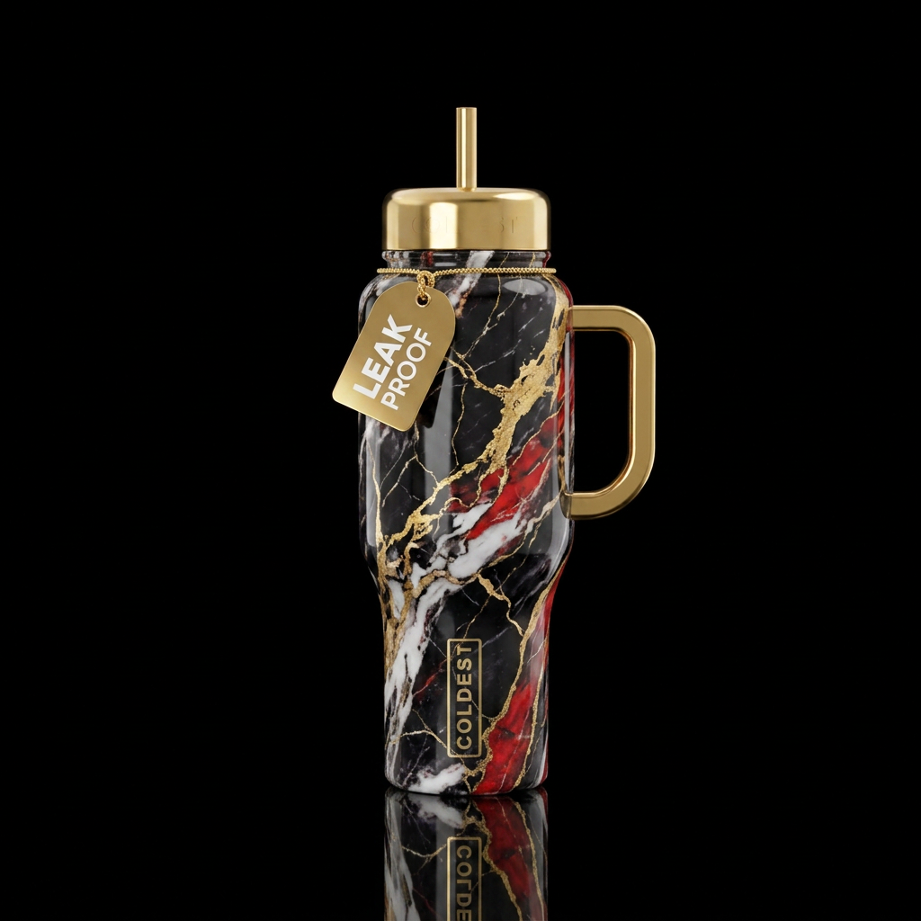 Crack crevices gold red black white marble sensati... water bottle design