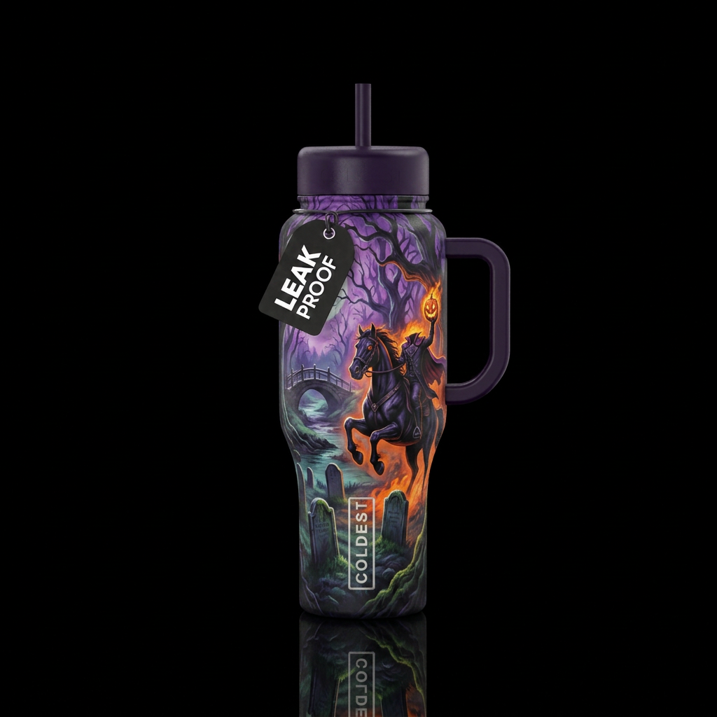 Sleepy hollow background headless horseman water bottle design