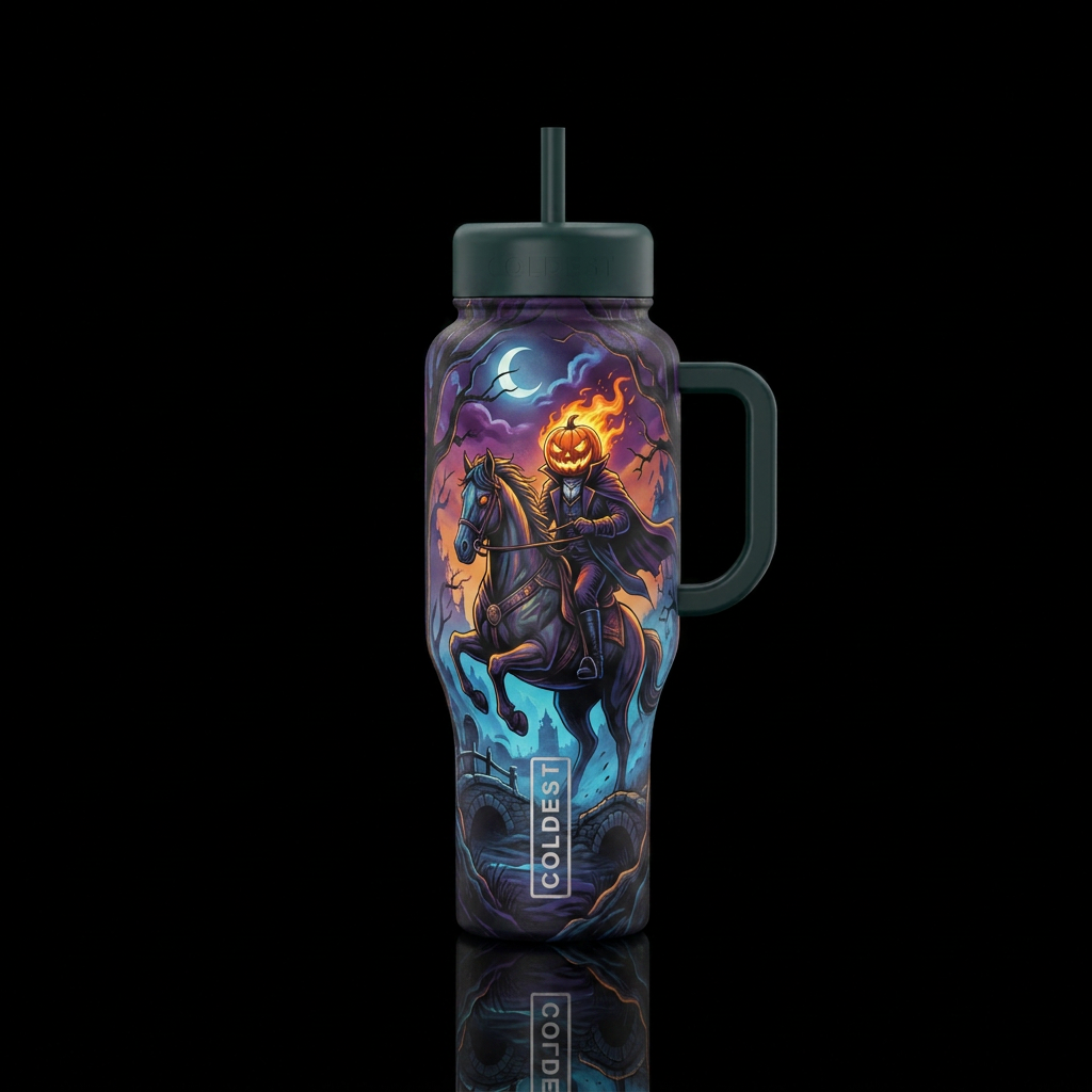 Sleepy hollow background headless horseman water bottle design