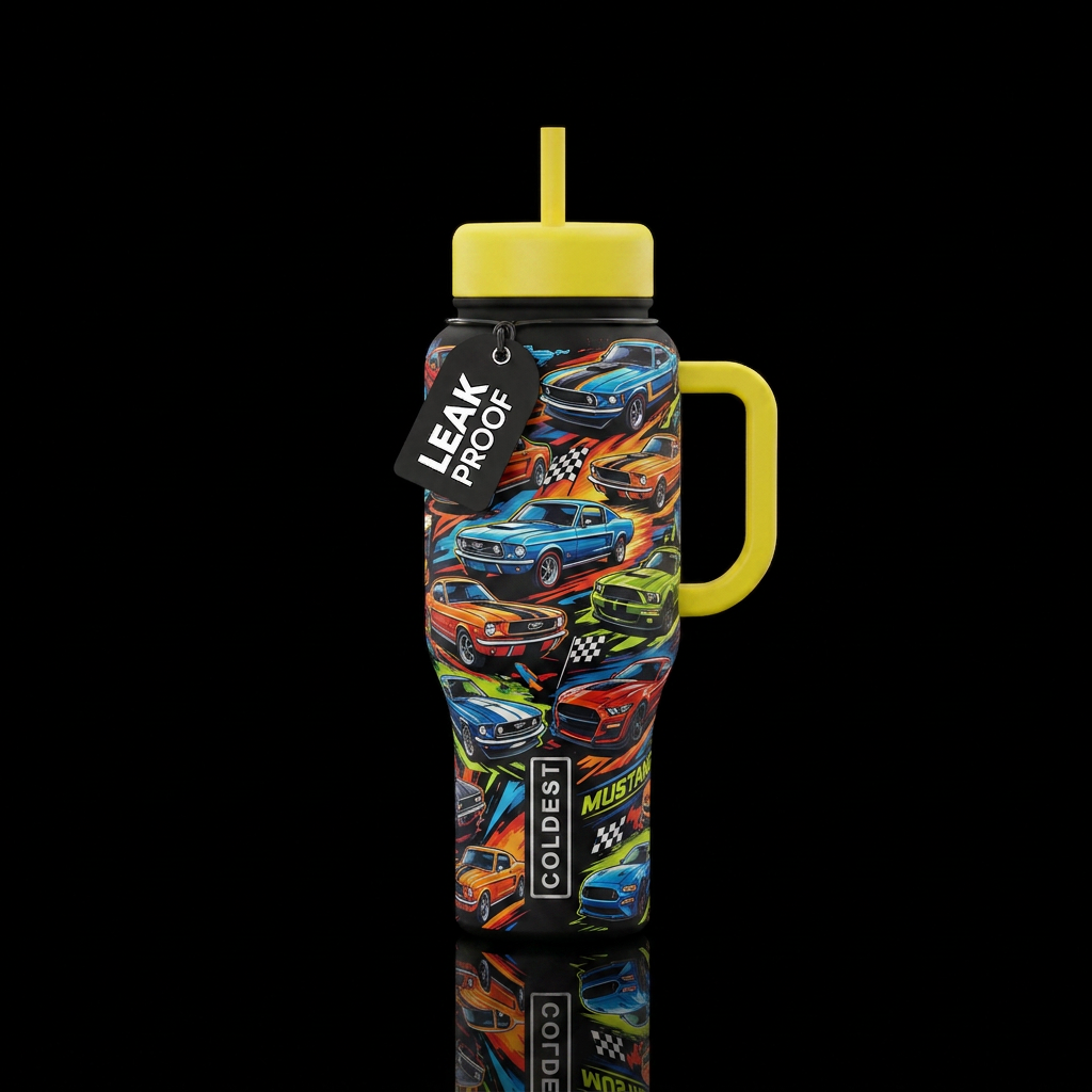Yellow handle and lids mustang mania water bottle design