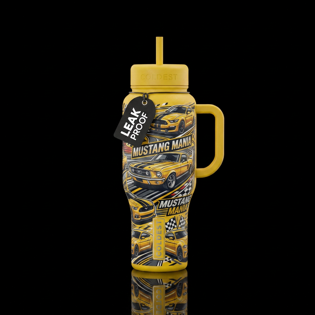 Yellow handle and lids mustang mania water bottle design