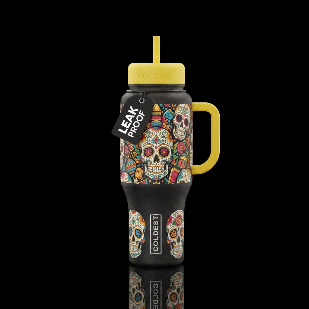 Yellow handle and lid skulltopia water bottle design