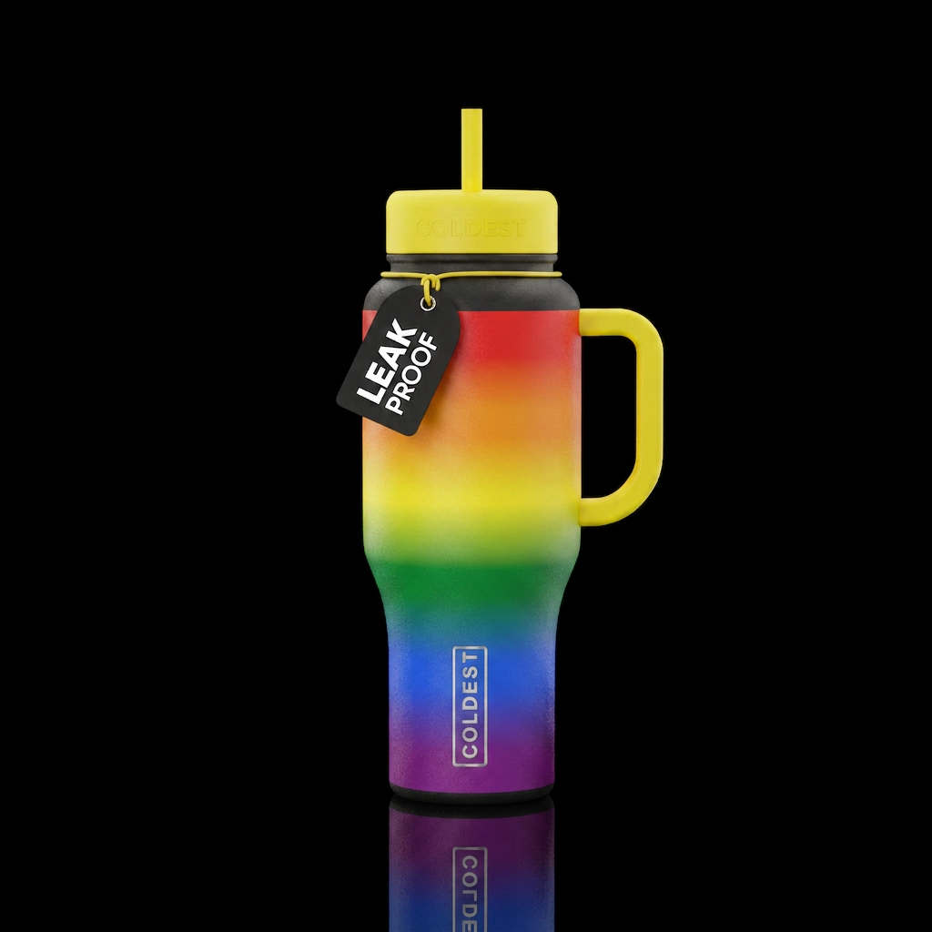 Yellow handle and lid rainbow pride LGBT water bottle design