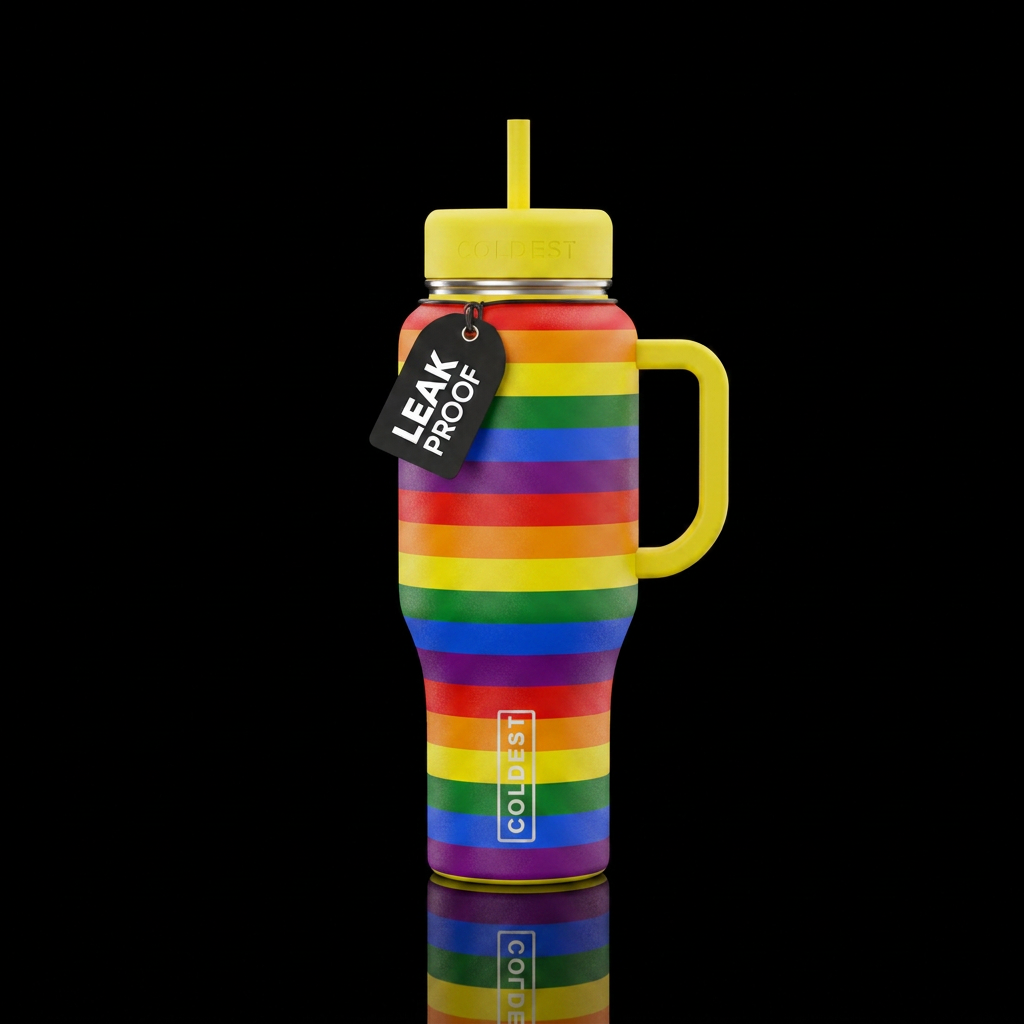 Yellow handle and lid rainbow pride LGBT water bottle design
