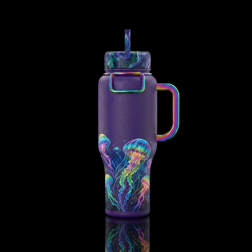 Deep purple bottle rainbow handle marble lid rainb... water bottle design