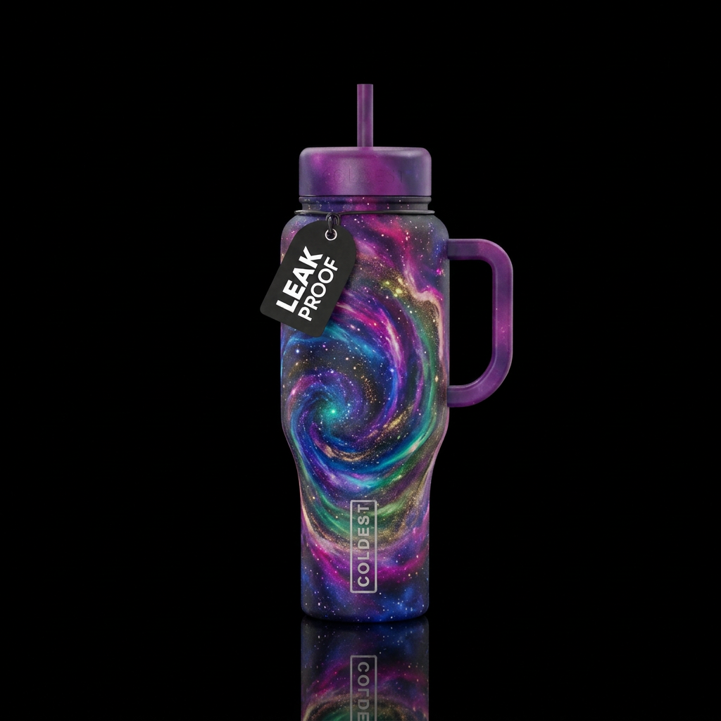Rainbow galactic swirls water bottle design