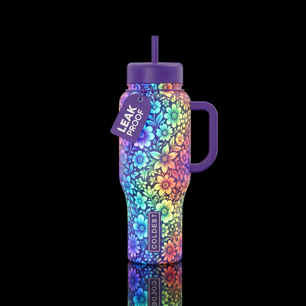 Rainbow floral glow water bottle design