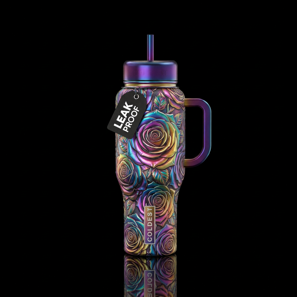 Rainbow roses metallic water bottle design