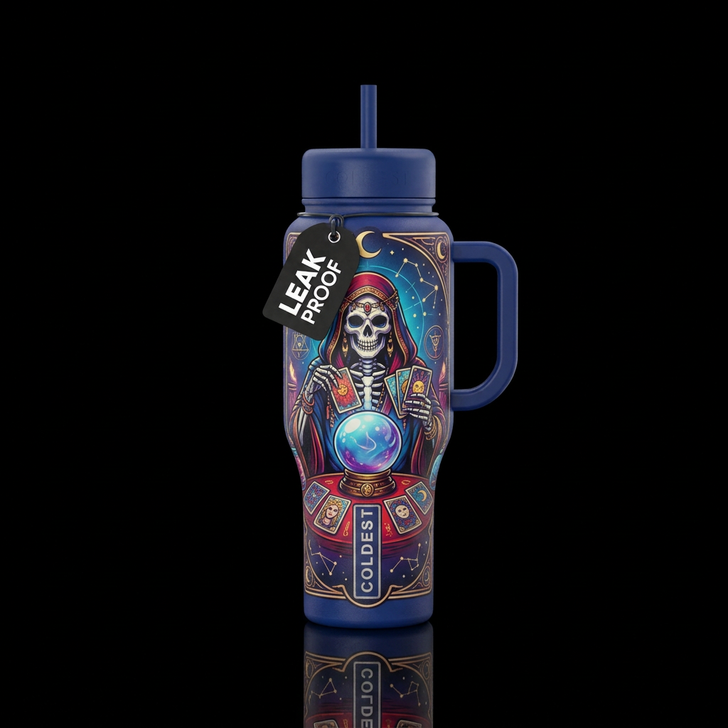 Skeleton tarot card reader water bottle design