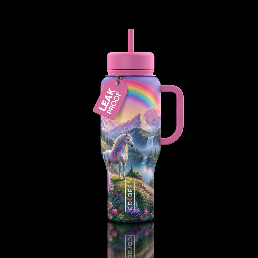 Rainbow unicorn valley water bottle design