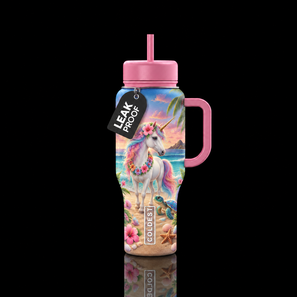 Unicorns on the beach fancy and creatures water bottle design