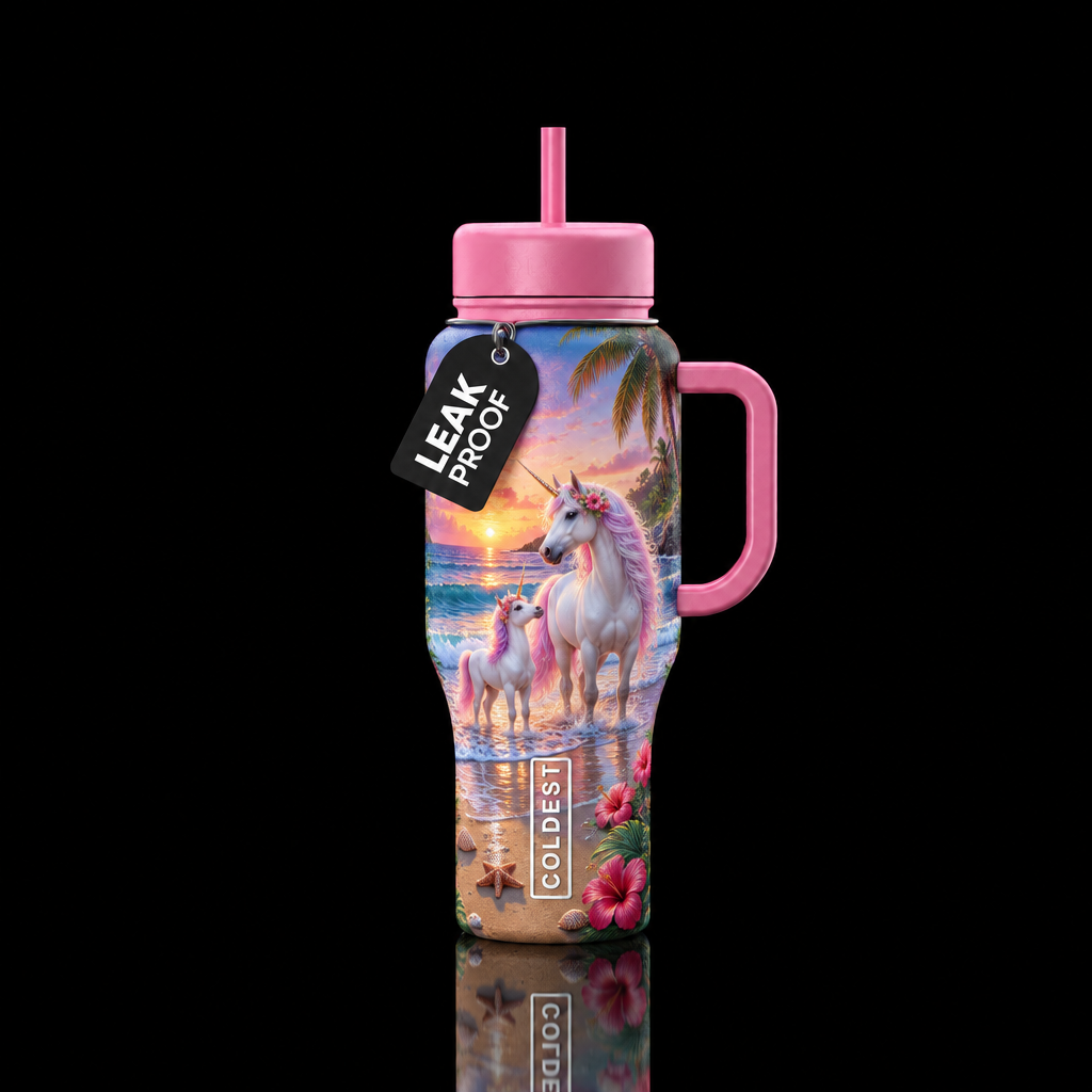 Unicorns on the beach fancy and creatures water bottle design