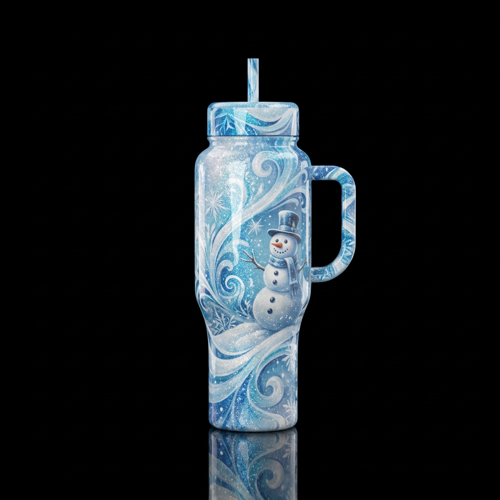 Snowman, winter blue colors,  white,, sparkly, shi... water bottle design
