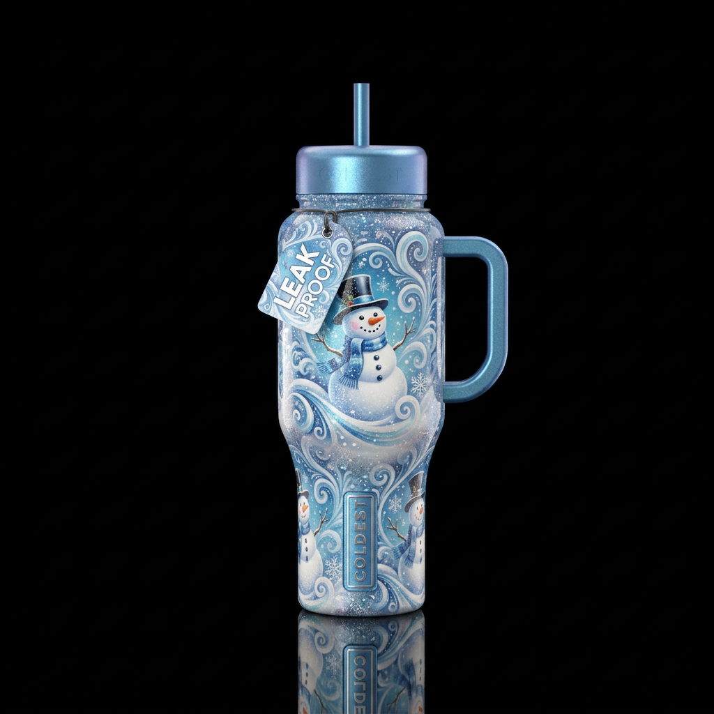 Snowman, winter blue colors,  white,, sparkly, shi... water bottle design