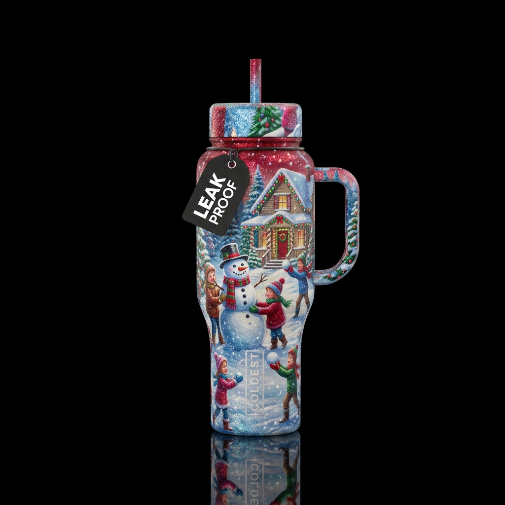 Kids building a snowman in front of a house decora... water bottle design